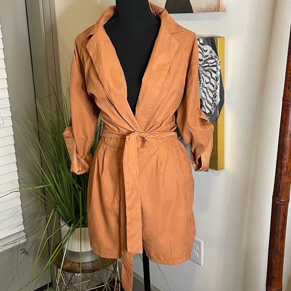Rust Romper, plunge front with tie, Large